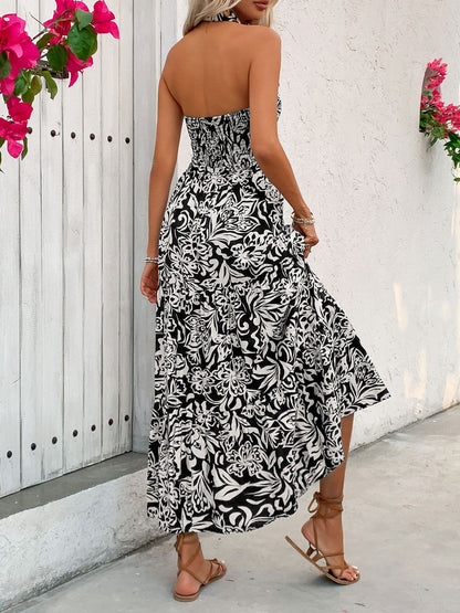 Backless Smocked Printed Sleeveless Midi Dress