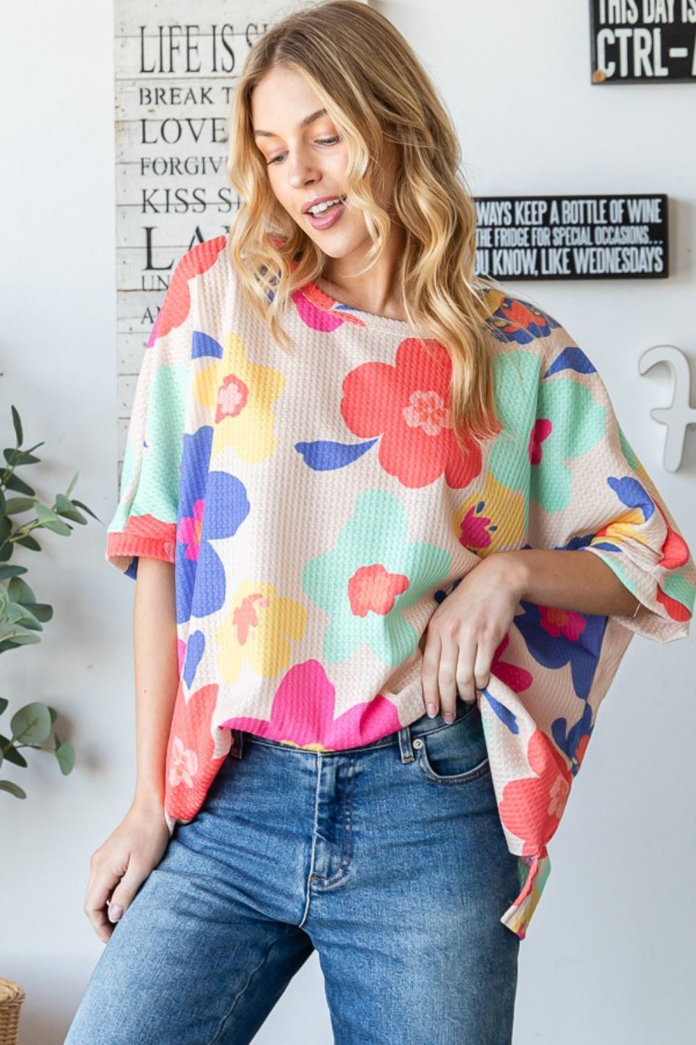 HOPELY Floral Waffle Oversize T-Shirt