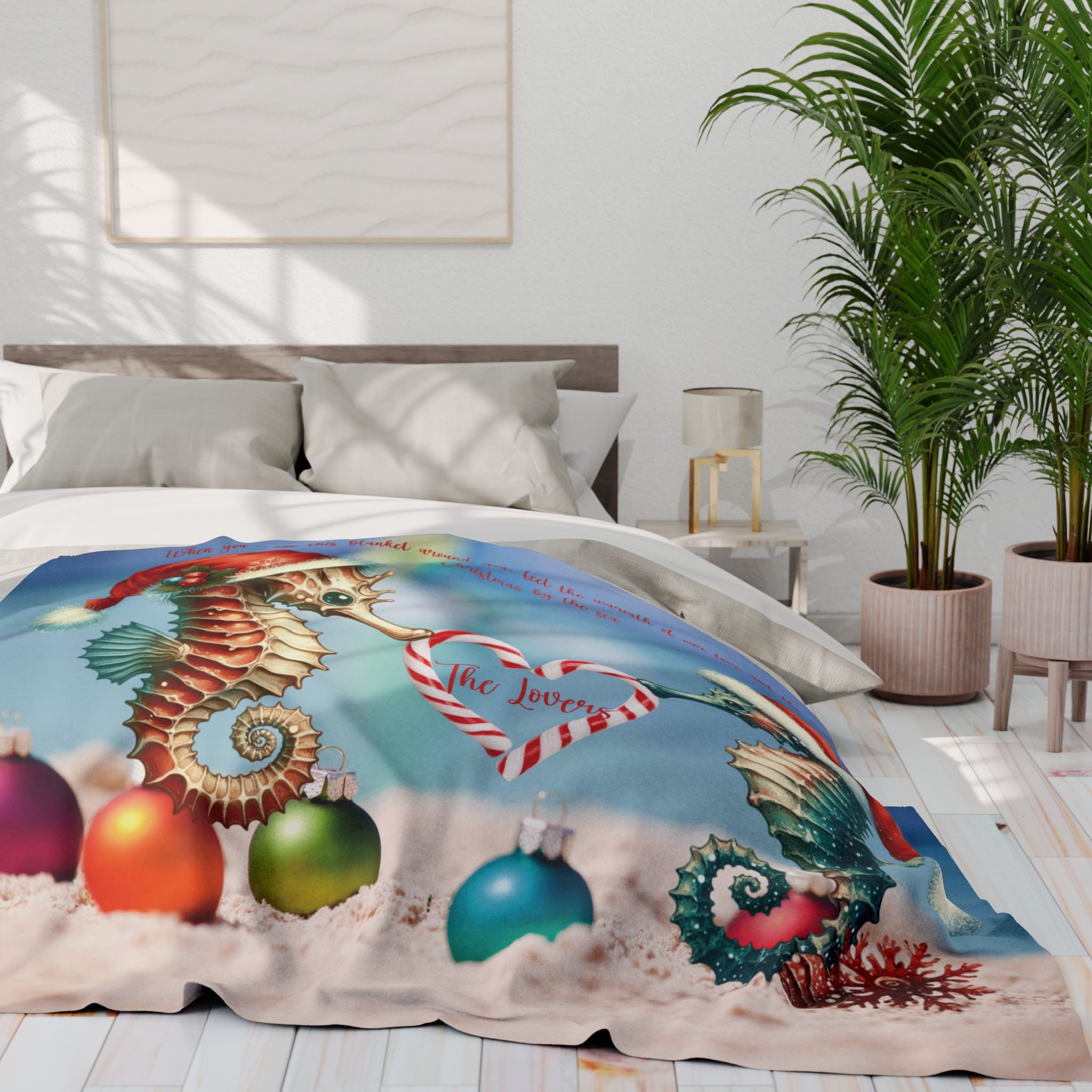 Fleece Blanket Christmas Gift For Wife With Seahorse Couple for Beach Lovers