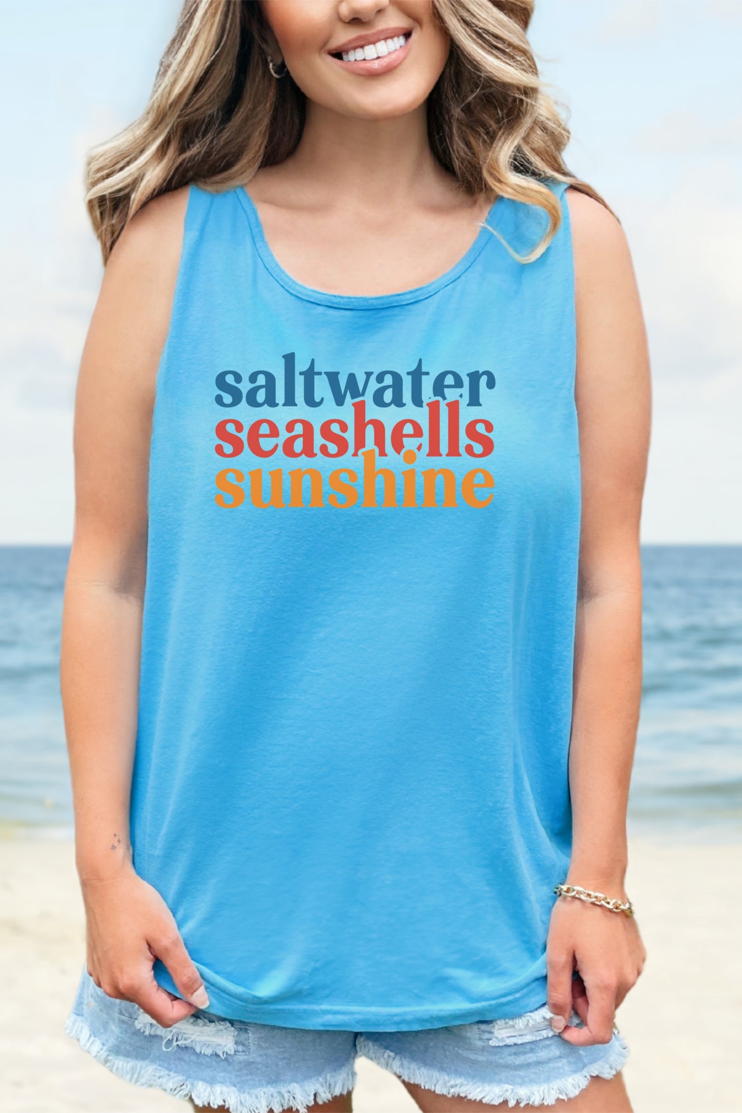 Beach Vacation Tank Top, Saltwater Seashells Sunshine Sleeveless Shirt, Summer Sea Shell Muscle Tee, Beach Lover Shirt, Coastal Tank