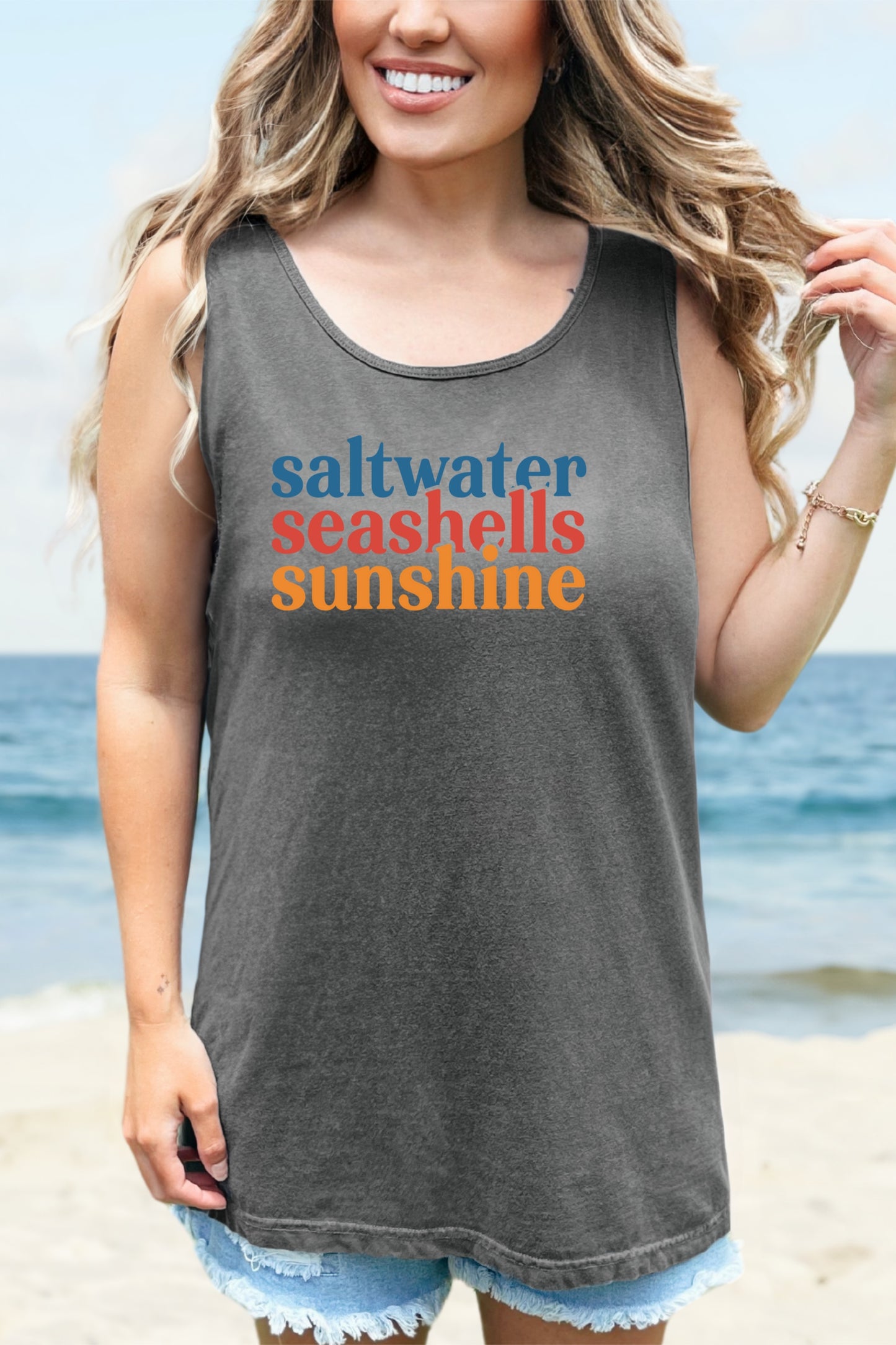 Beach Vacation Tank Top, Saltwater Seashells Sunshine Sleeveless Shirt, Summer Sea Shell Muscle Tee, Beach Lover Shirt, Coastal Tank