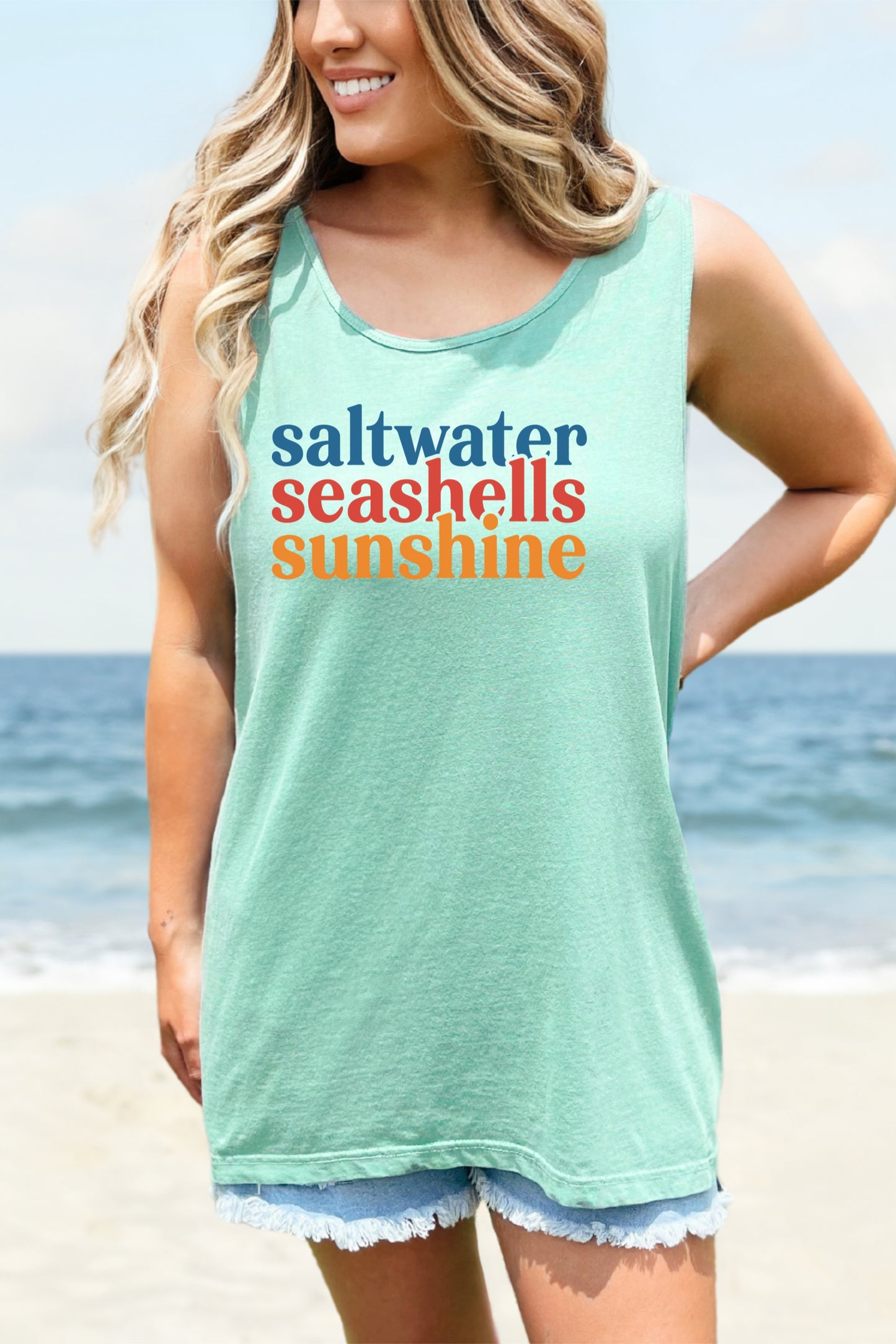 Beach Vacation Tank Top, Saltwater Seashells Sunshine Sleeveless Shirt, Summer Sea Shell Muscle Tee, Beach Lover Shirt, Coastal Tank