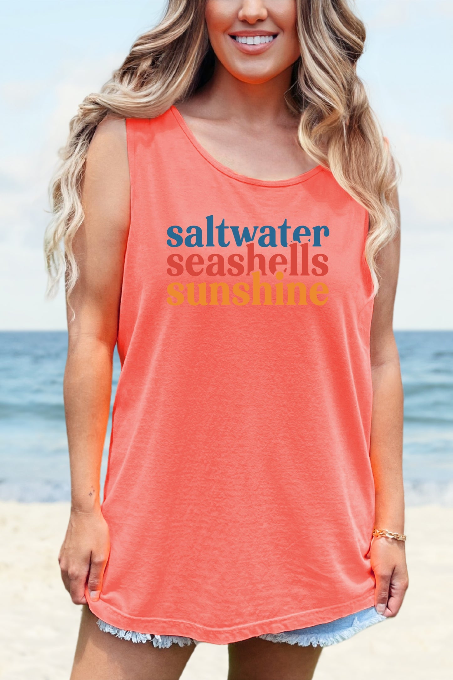 Beach Vacation Tank Top, Saltwater Seashells Sunshine Sleeveless Shirt, Summer Sea Shell Muscle Tee, Beach Lover Shirt, Coastal Tank