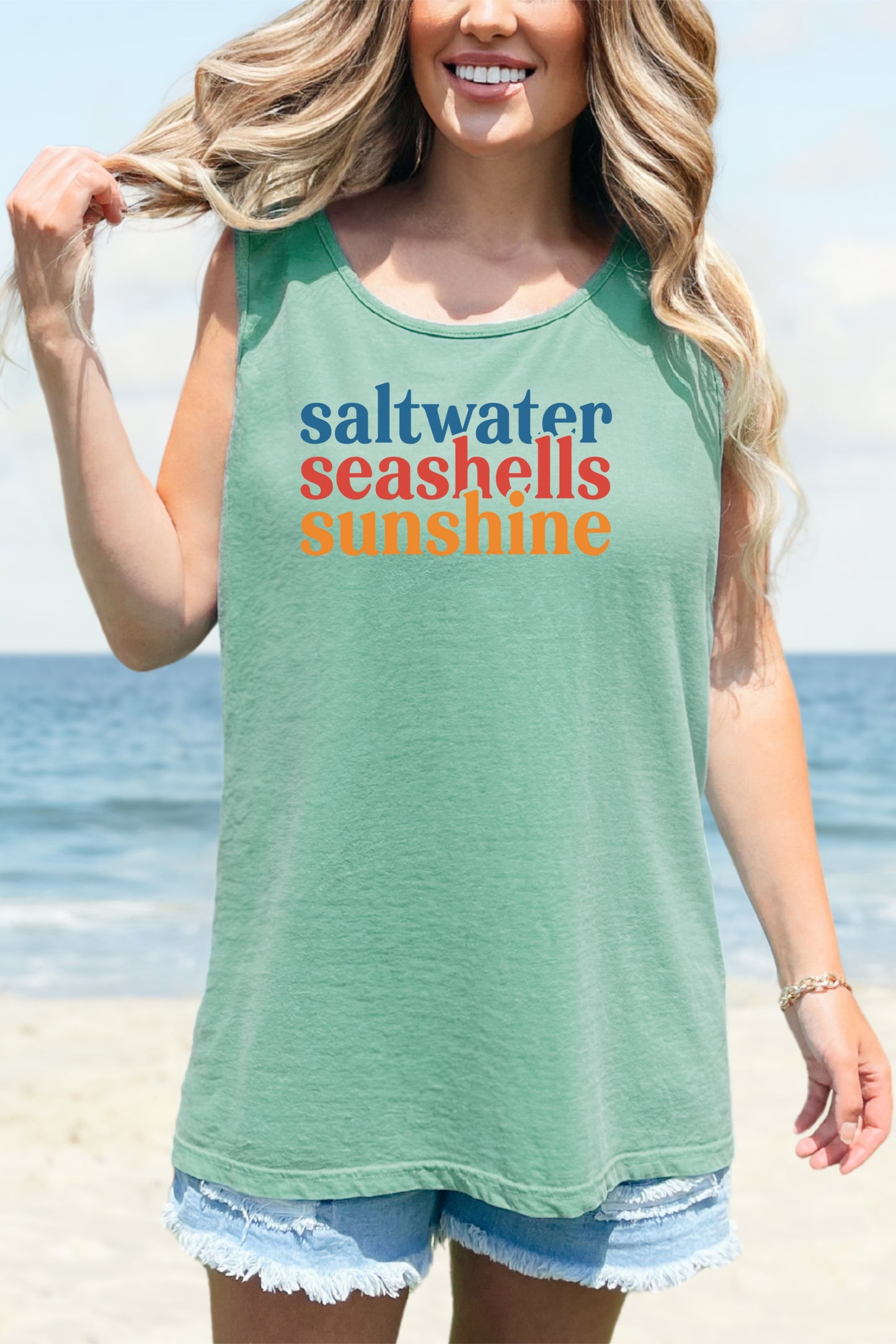 Beach Vacation Tank Top, Saltwater Seashells Sunshine Sleeveless Shirt, Summer Sea Shell Muscle Tee, Beach Lover Shirt, Coastal Tank