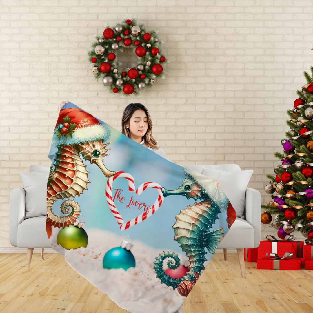 Fleece Blanket Christmas Gift For Wife With Seahorse Couple for Beach Lovers