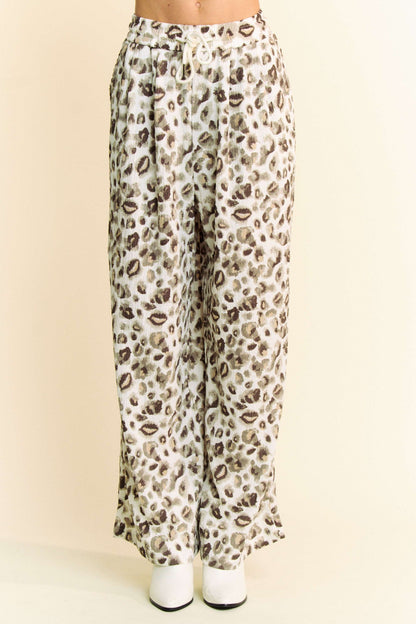 Davi & Dani Drawstring Leopard Wide Leg Pants