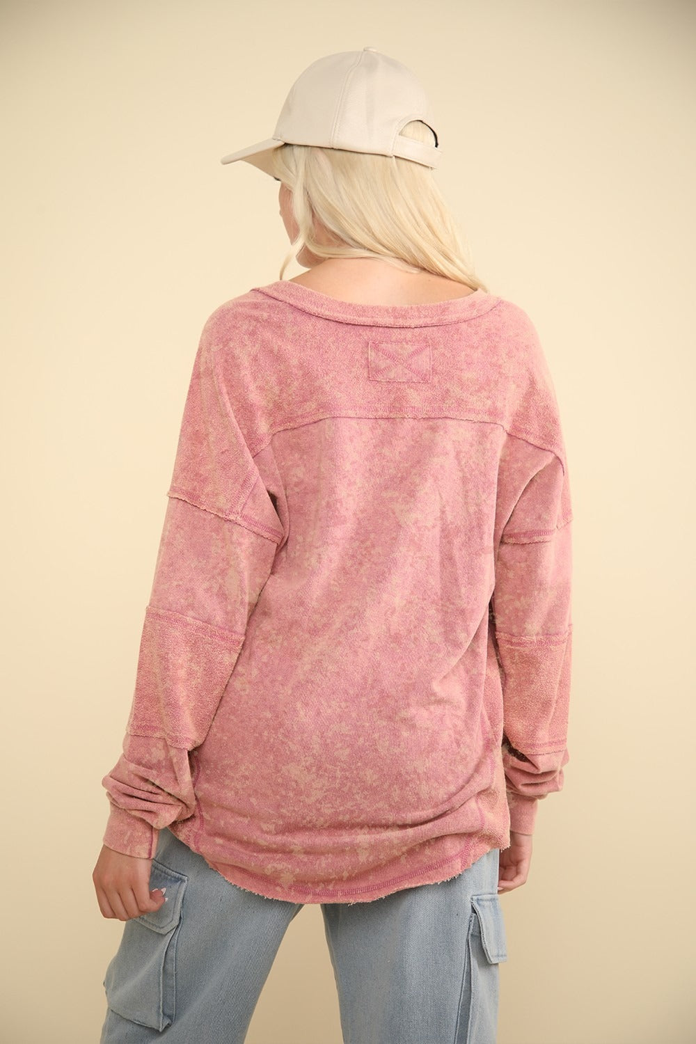 VERY J Washed V-Neck Exposed Seam Knit Top