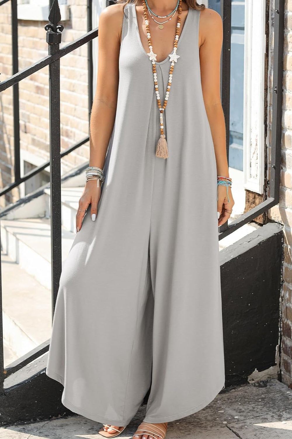 Boho Hippie Pocketed Scoop Neck Wide Leg Jumpsuit