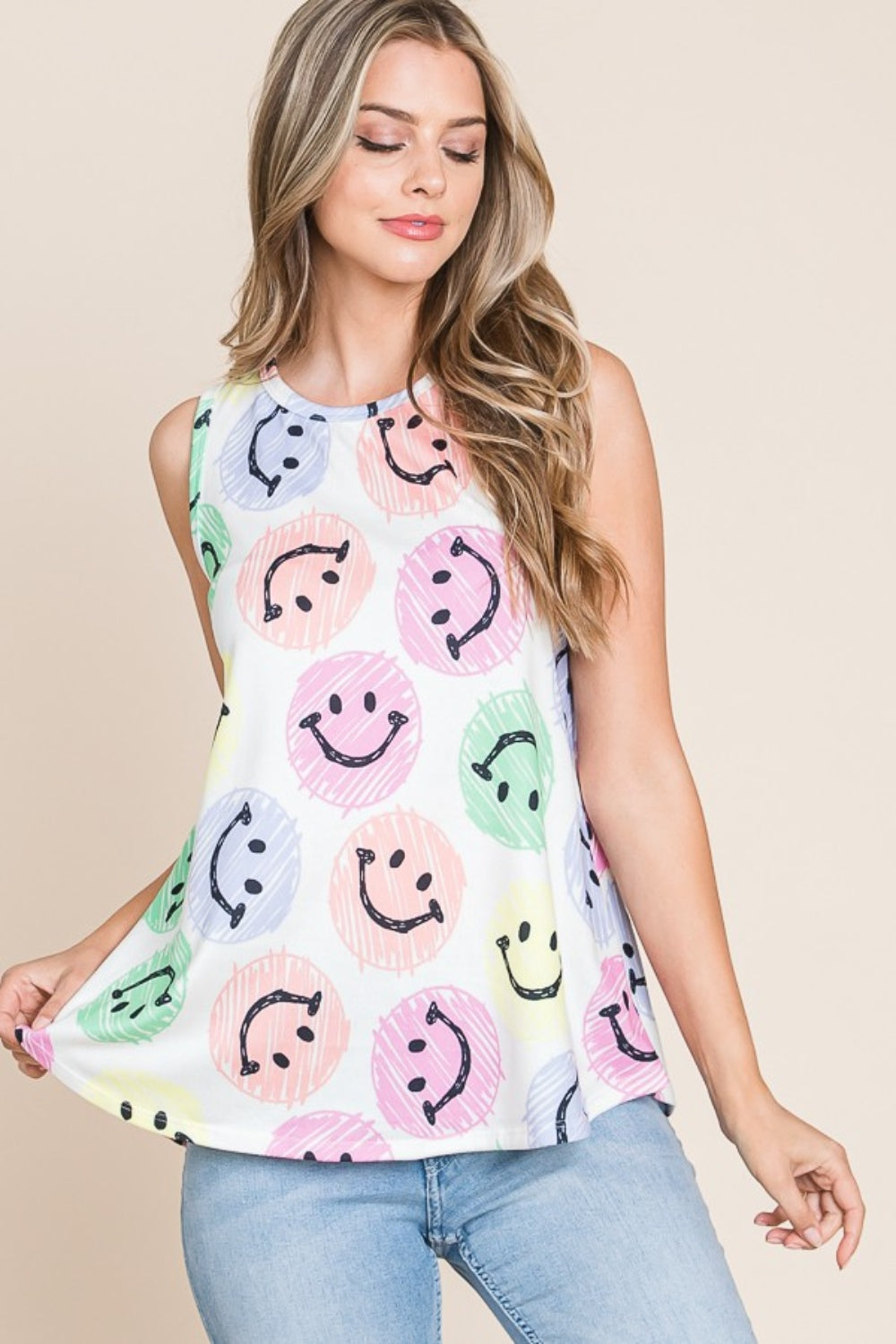 BOMBOM Smiley Face Round Neck Tank