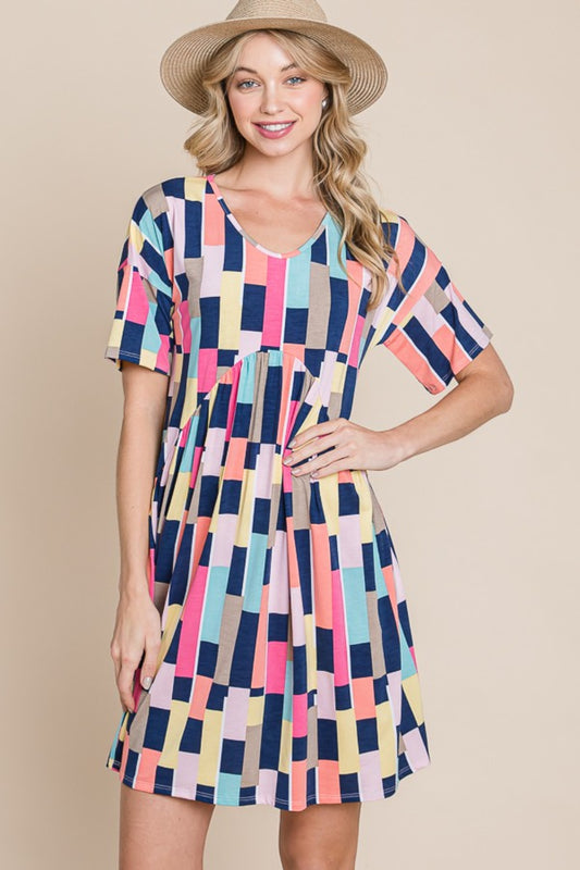 Bohemian Dress Ruched Color Block Short Sleeve Mini Dress