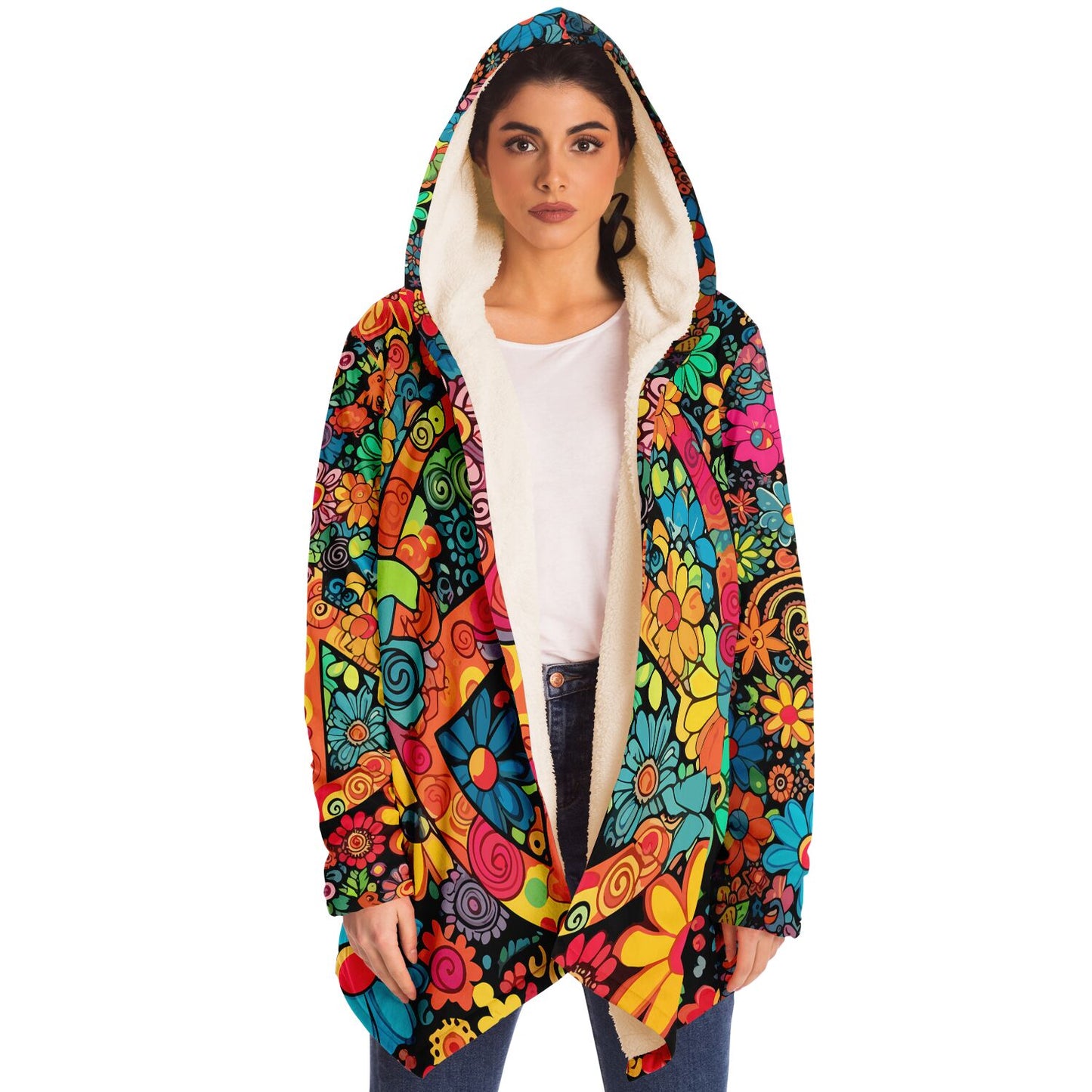 Boho Peace Sign Winter Hooded Cloak For Women With Clasps And Pockets Jacket