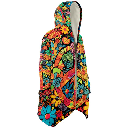 Boho Peace Sign Winter Hooded Cloak For Women With Clasps And Pockets Jacket