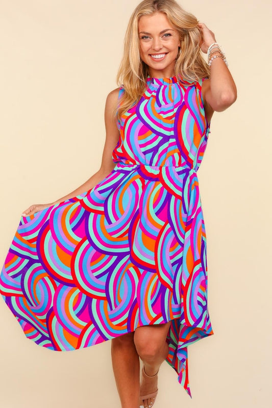 Boho Bright Full Size Mock Neck Sleeveless Printed Haptics Dress