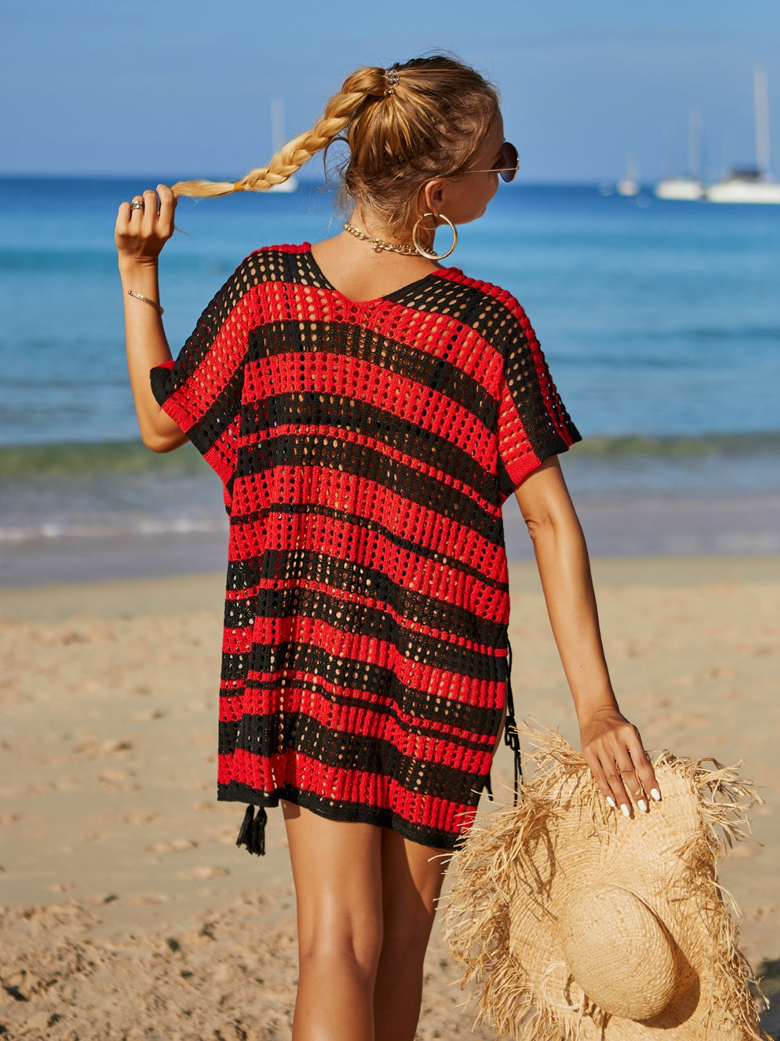 Angel Wings Tassel Openwork Striped V-Neck Cover Up