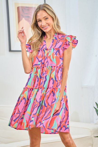 First Love Full Size Printed Ruffle Cap Sleeve Tiered Dress