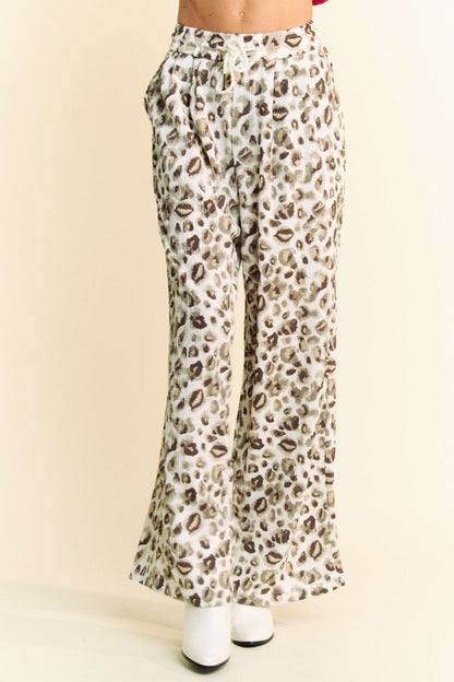 Davi & Dani Drawstring Leopard Wide Leg Pants