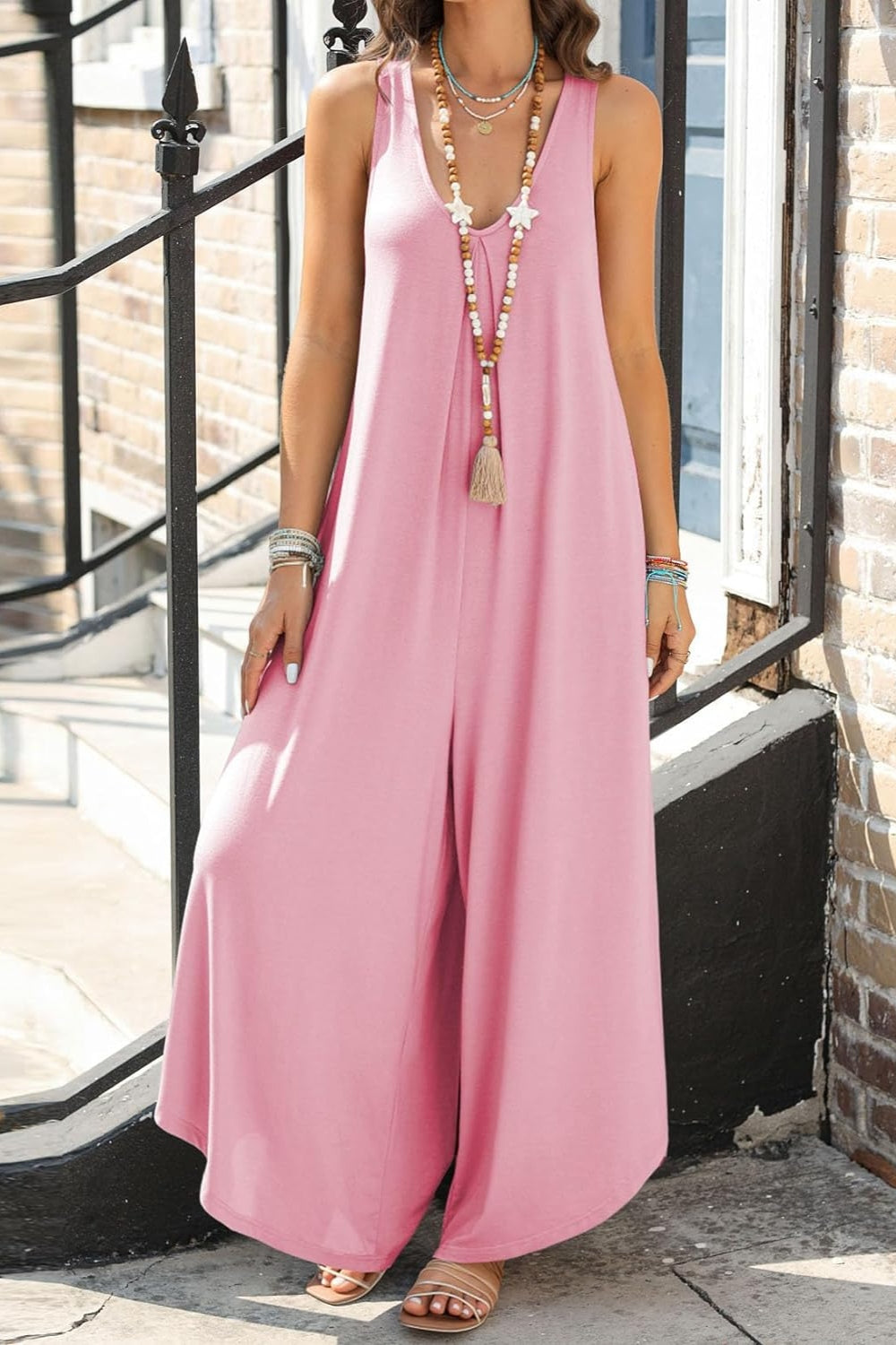 Boho Hippie Pocketed Scoop Neck Wide Leg Jumpsuit