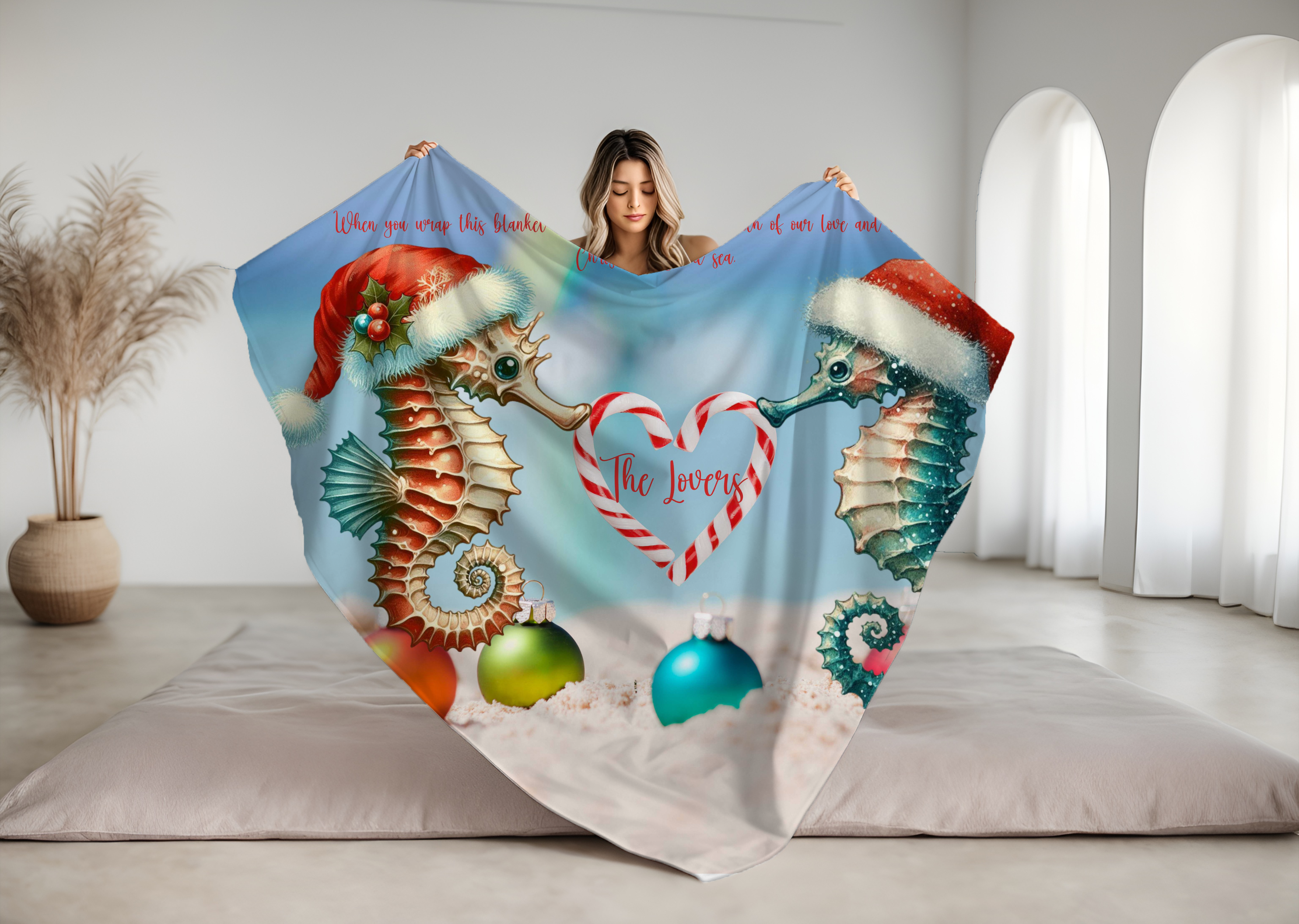 Fleece Blanket Christmas Gift For Wife With Seahorse Couple for Beach Lovers