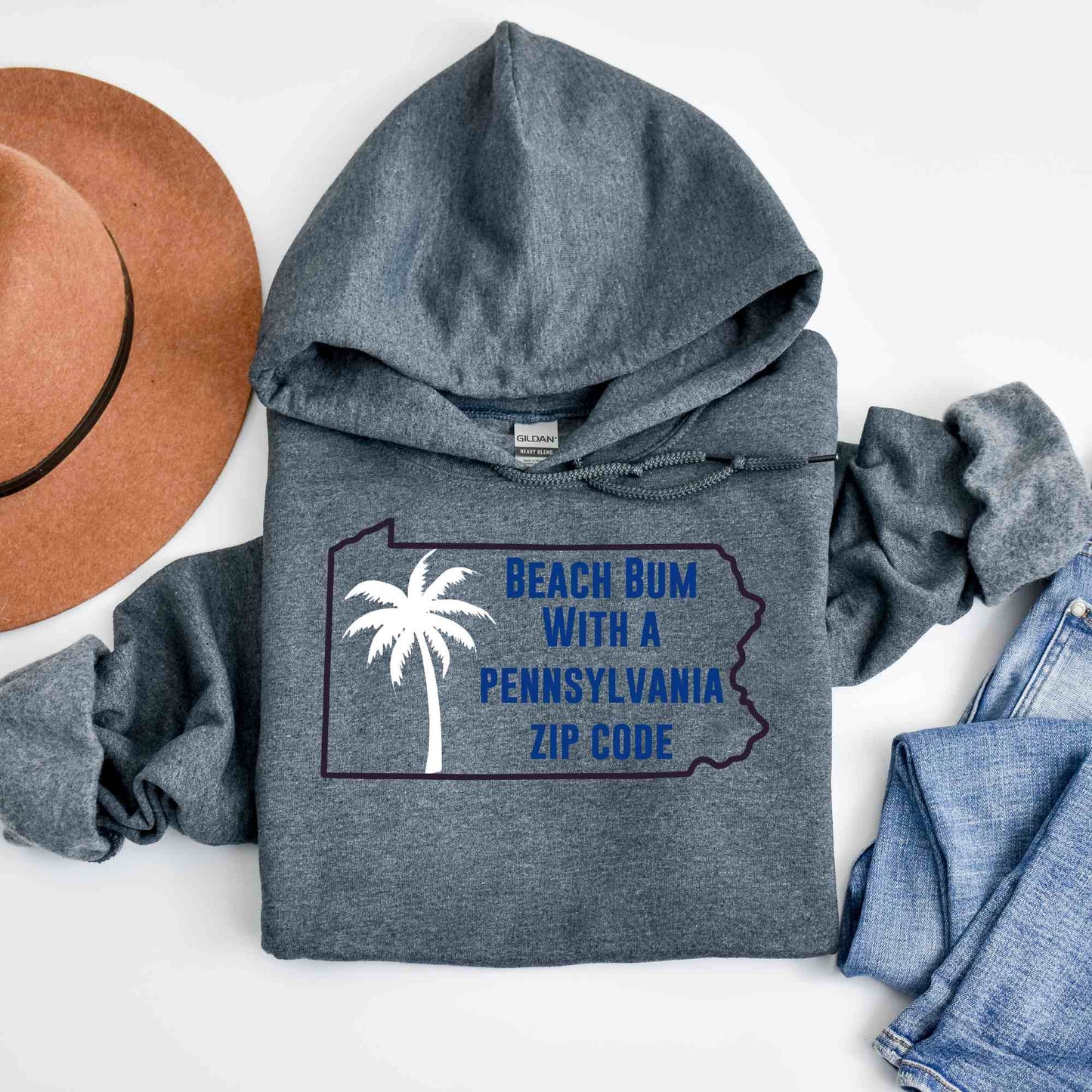 Pennsylvania State Blue White Outline Hoodie Beach Bum With A Pennsylvania Zip Code, Funny Pennsylvania Hoodie, Sweatshirt For PA Resident Beach Lover