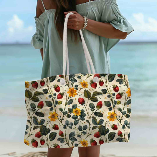 Large Retro Vintage Strawberries and Sunflowers Beach Tote Bag