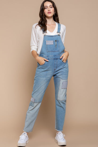 Boho Denim Jumpsuit Front Chest Zipper Slim Leg Denim Overalls