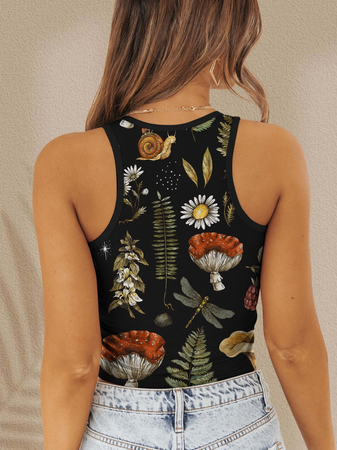 Bohemian Top For Summer Printed Round Neck Wide Strap Tank