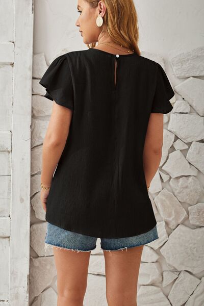 Round Neck Keyhole Cap Sleeve T-Shirt