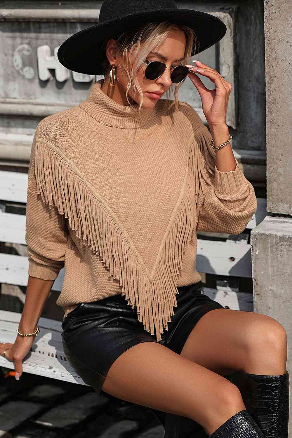 Turtle Neck Tassel Front Long Sleeve Pullover Sweater