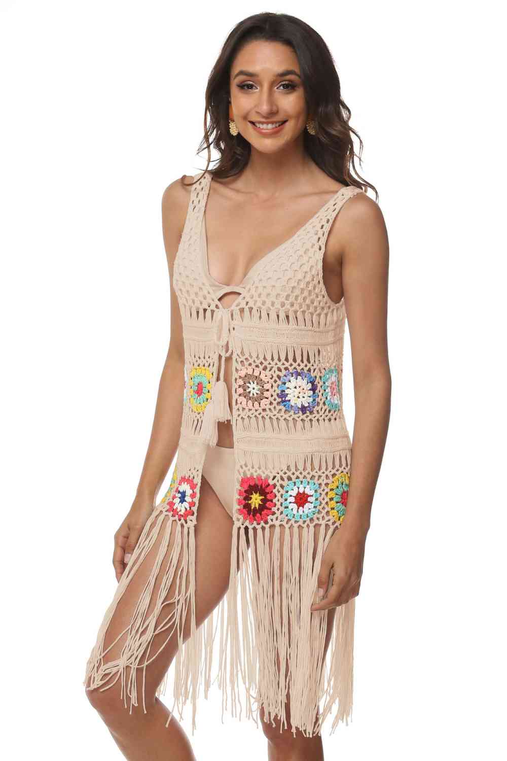 Boho Beach Chic Fringe Detail Embroidery Sleeveless Cover-Up