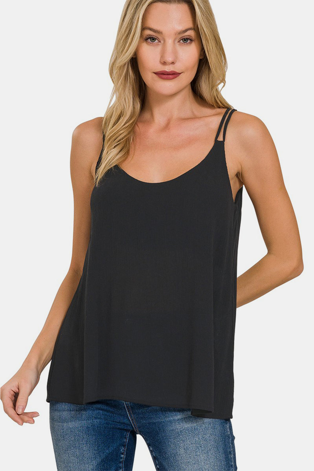 Black Tank for Women Zenana Woven Double Spaghetti Strap V-Neck Cami