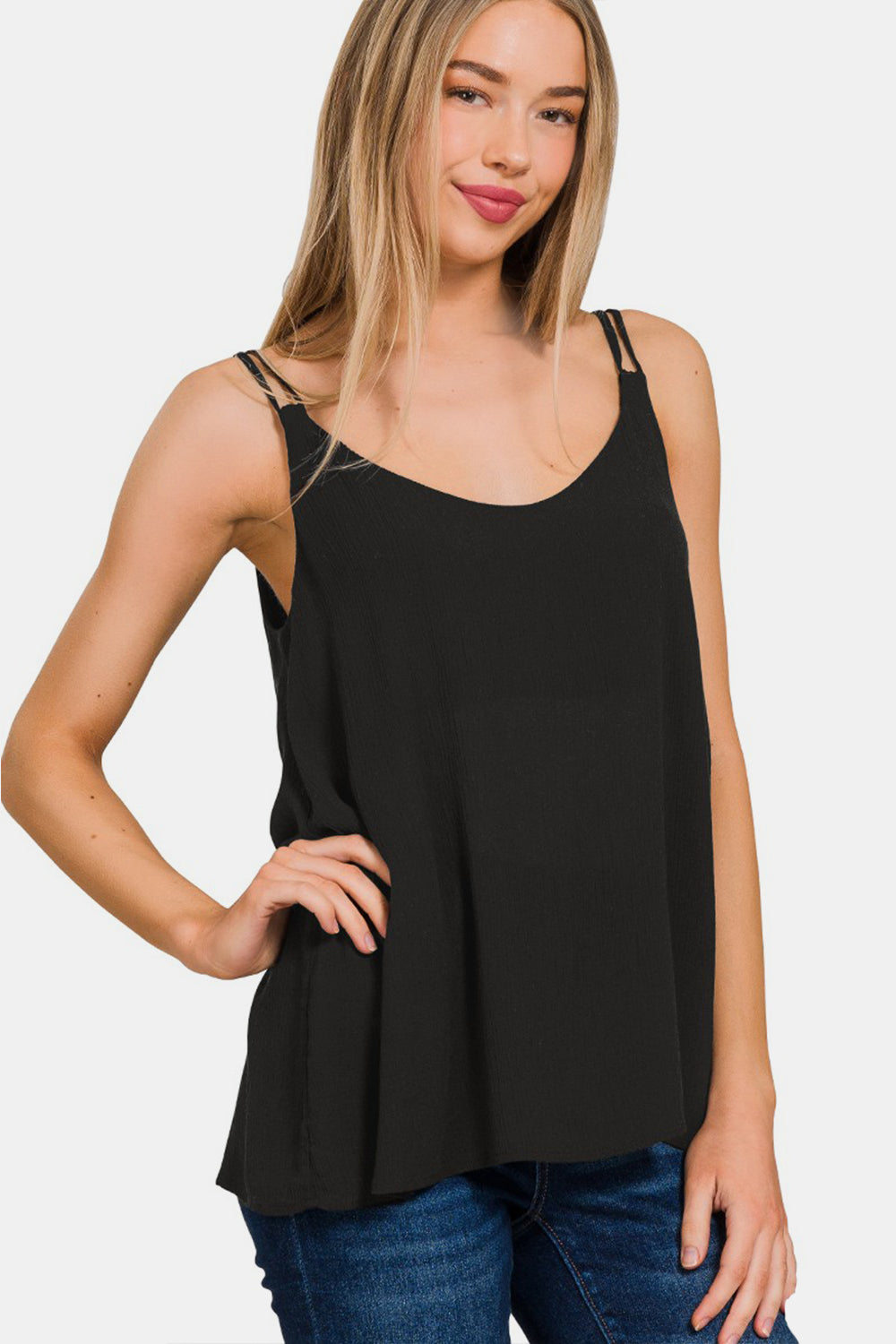 Black Tank for Women Zenana Woven Double Spaghetti Strap V-Neck Cami