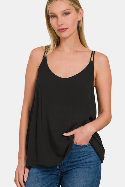 Black Tank for Women Zenana Woven Double Spaghetti Strap V-Neck Cami