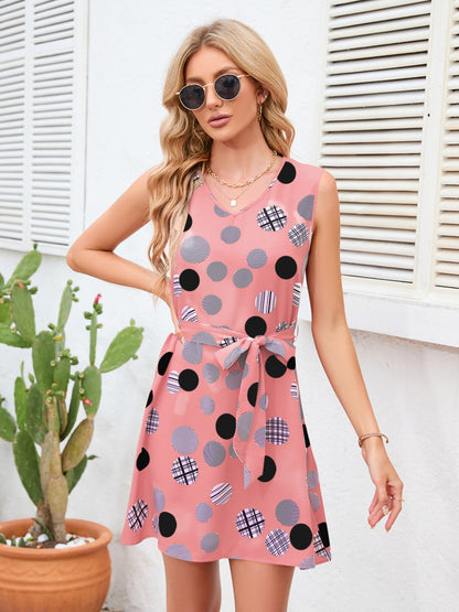 Boho Tied Polka Dot V-Neck Dress