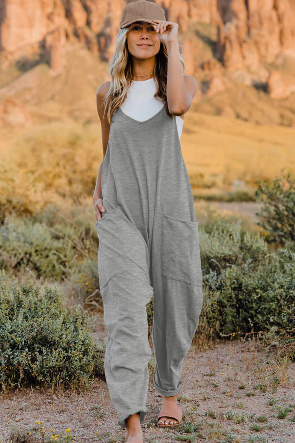 Hippie V-Neck Sleeveless Jumpsuit with Pocket