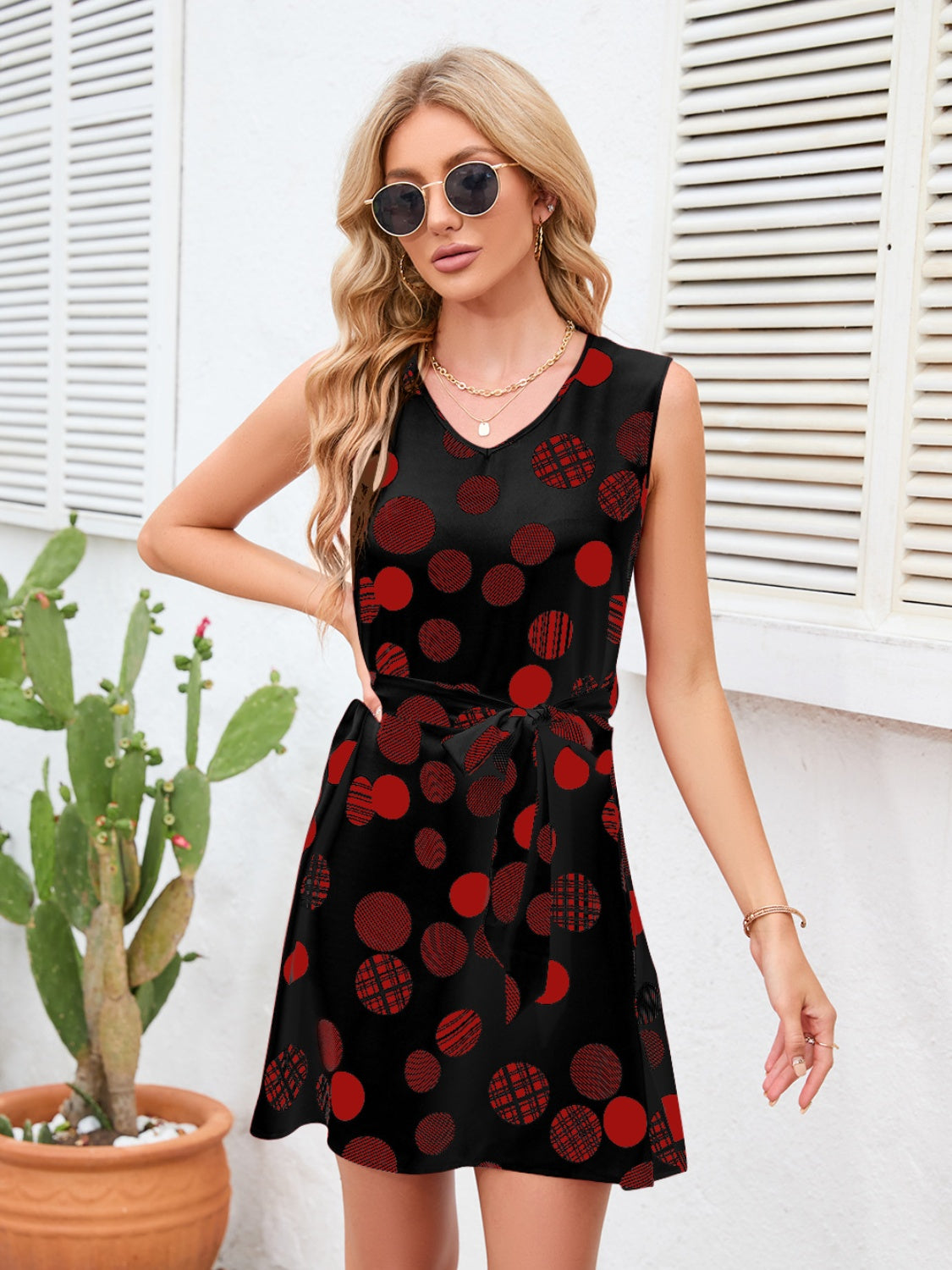 Boho Tied Polka Dot V-Neck Dress