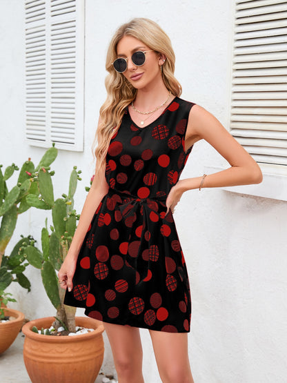 Boho Tied Polka Dot V-Neck Dress