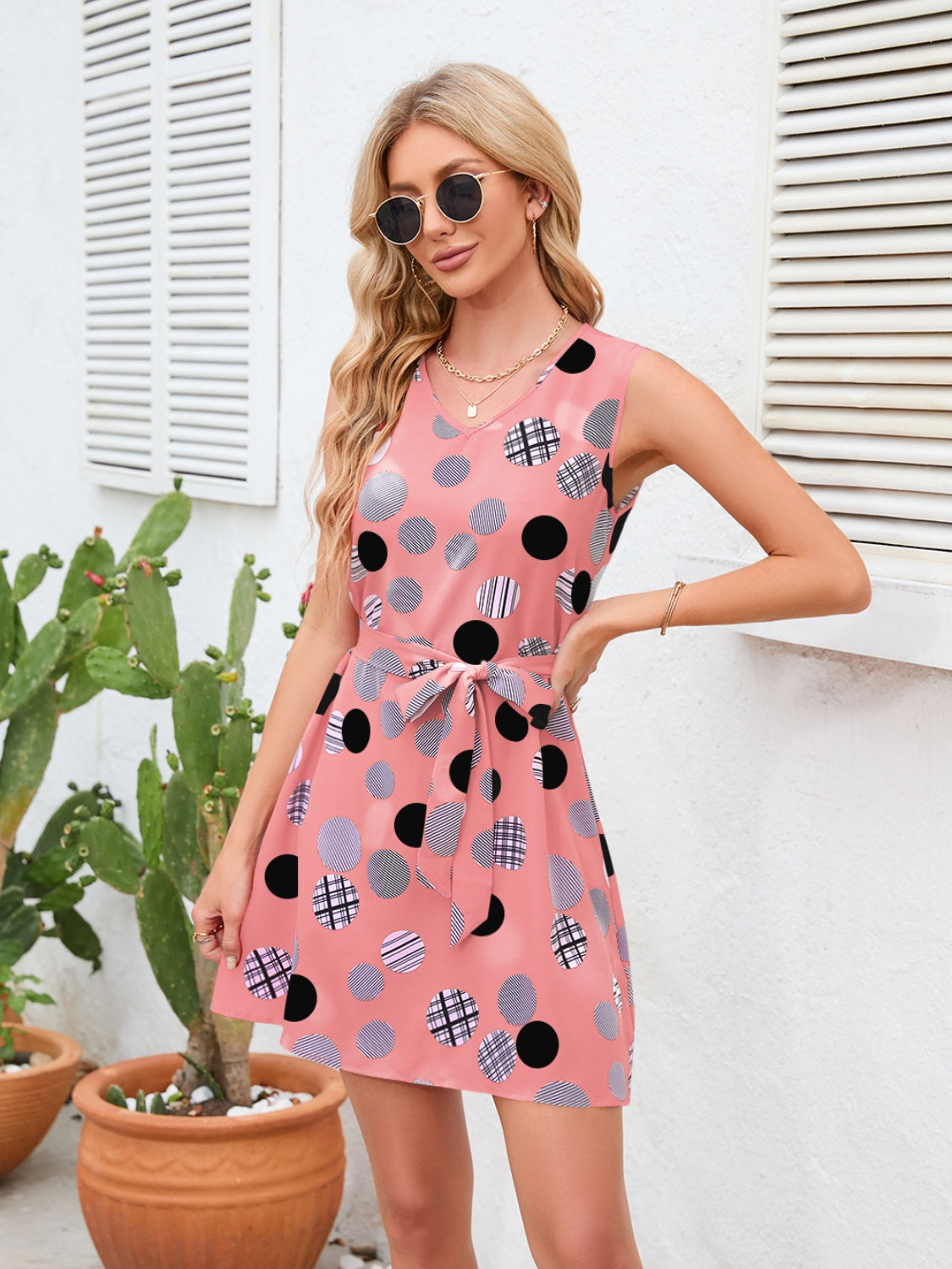 Boho Tied Polka Dot V-Neck Dress