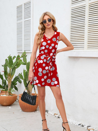 Boho Tied Polka Dot V-Neck Dress