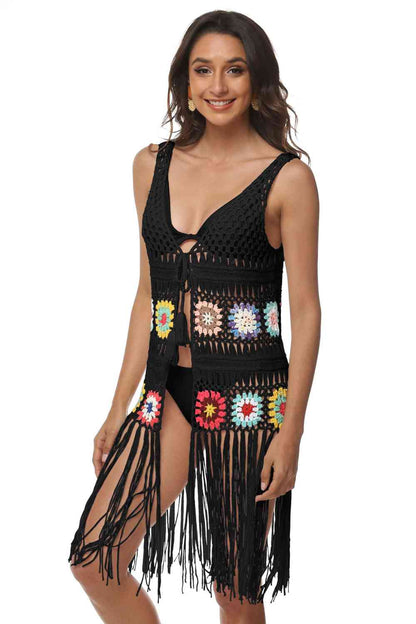 Boho Beach Chic Fringe Detail Embroidery Sleeveless Cover-Up