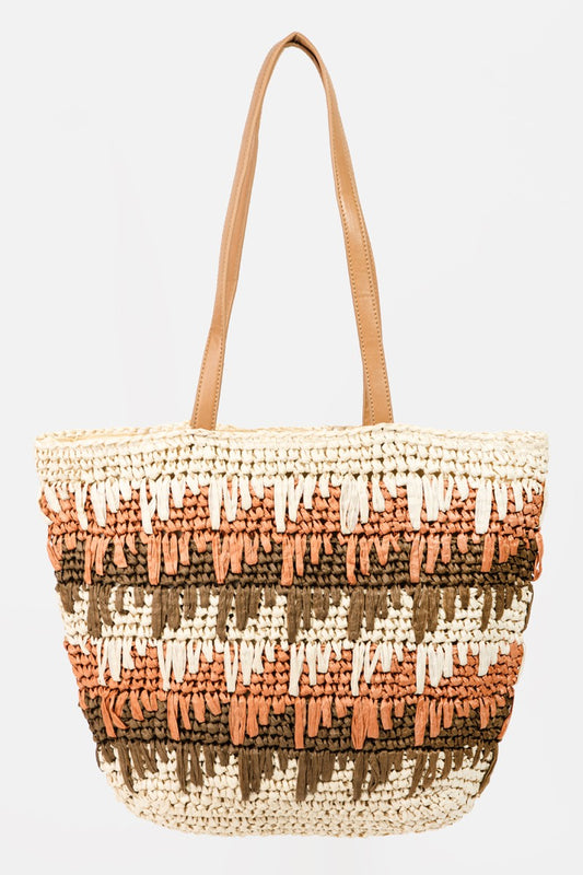 Beach Bag For Women Fame Straw Braided Striped Tote Bag