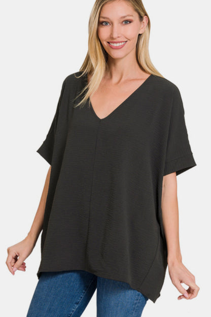 Black Long Tunic For Women Zenana Full Size V-Neck Short Sleeve Top