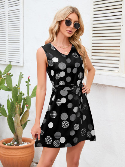 Boho Tied Polka Dot V-Neck Dress