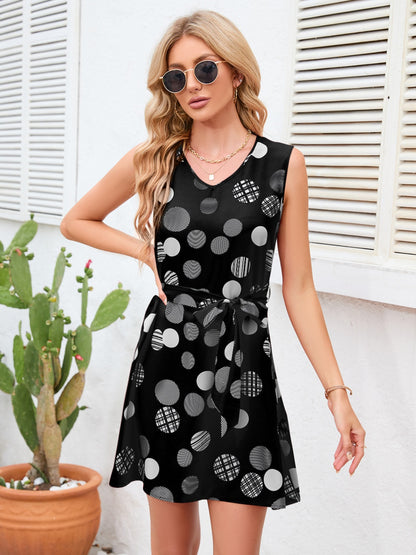 Boho Tied Polka Dot V-Neck Dress