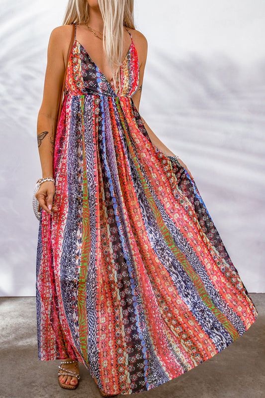 Boho Hippie Dress Printed Surplice Spaghetti Strap Dress
