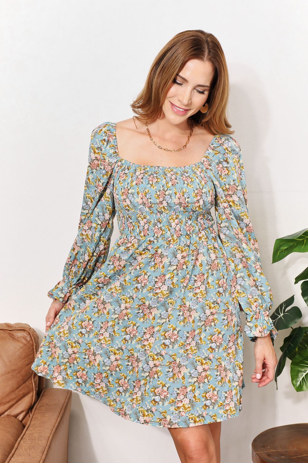 Bohemian Floral Smocked Flounce Sleeve Square Neck Dress