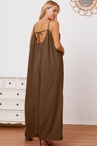 Boho Beach Jumpsuit Full Size Ruffle Trim Tie Back Cami Jumpsuit with Pockets