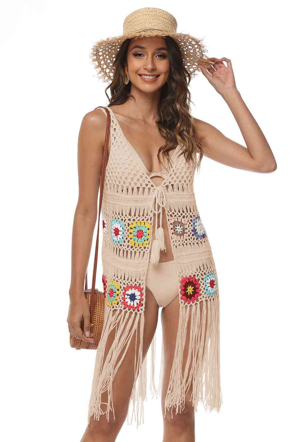 Boho Beach Chic Fringe Detail Embroidery Sleeveless Cover-Up