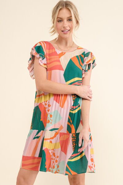 And The Why Printed Double Ruffle Sleeve Dress