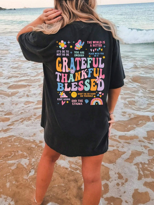 Inspirational TShirt Grateful Letter Graphic Round Neck Short Sleeve T-Shirt