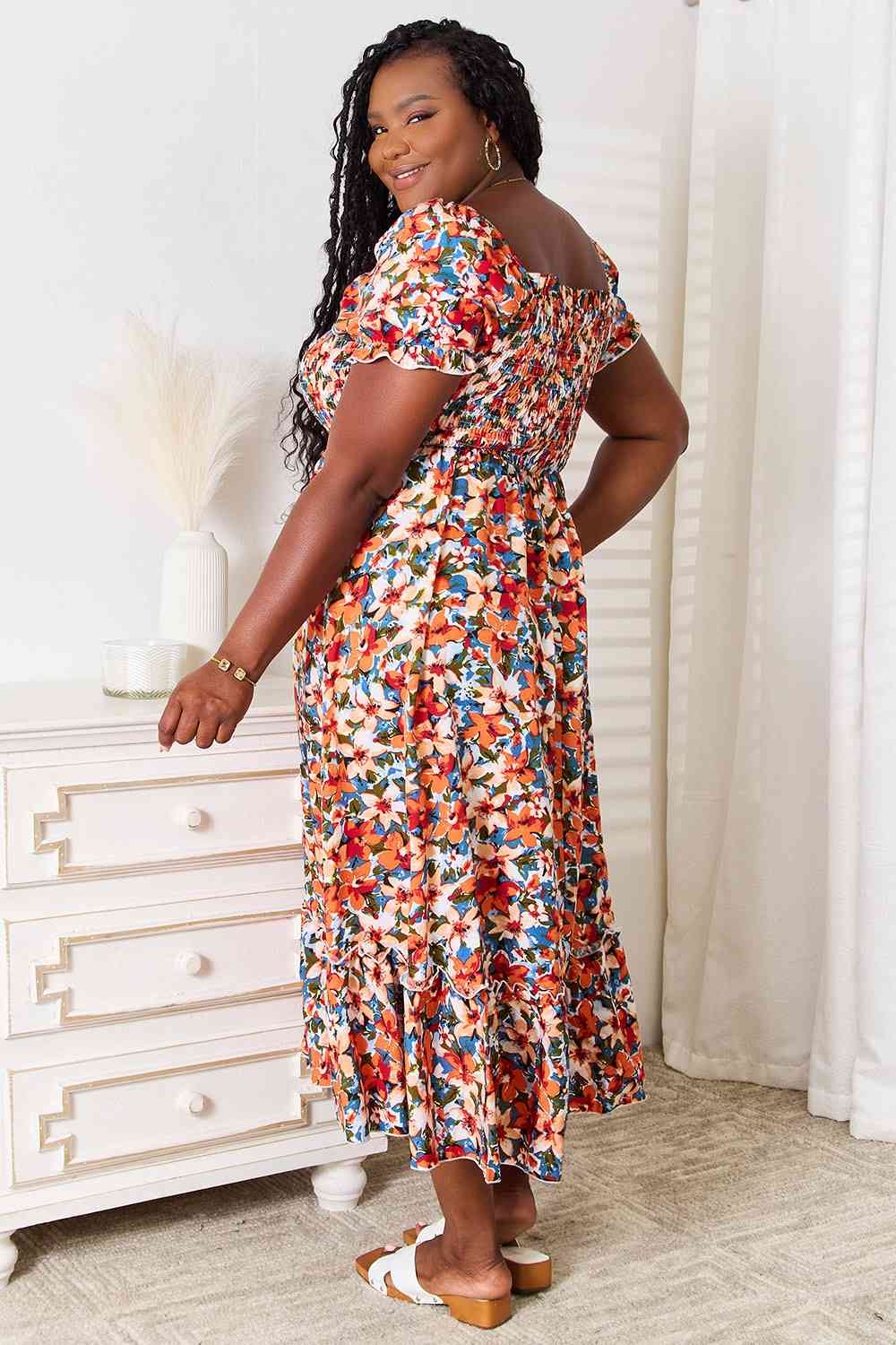 Double Take Plus Size Floral Smocked Square Neck Dress